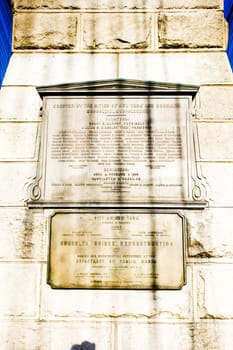 sign on pillar of Brooklyn Bridge, Manhattan, New York City, USA