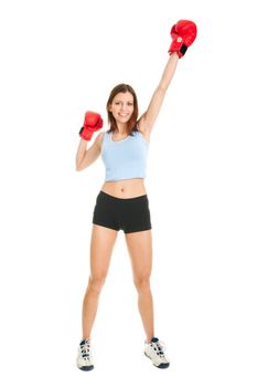 Beautiful woman practicing boxing. Isolated on white