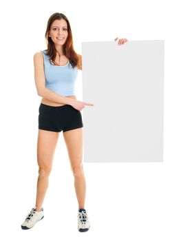 Fitness woman presenting empty placard. Isolated on white