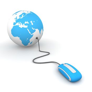 blue computer mouse connected to a blue globe