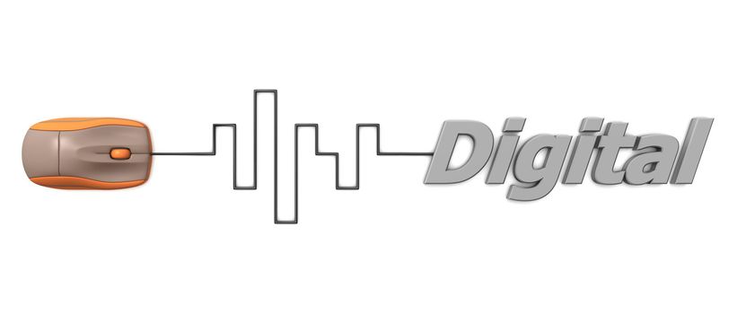 orange computer mouse connected to the grey word Digital via digital waveform cable