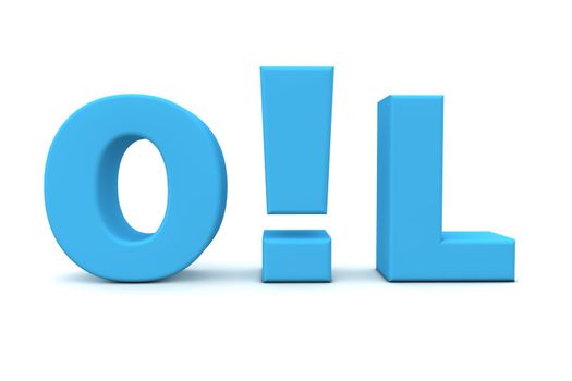blue word Oil with an exclamation mark replacing the letter i - front view