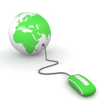 green computer mouse connected to a green globe