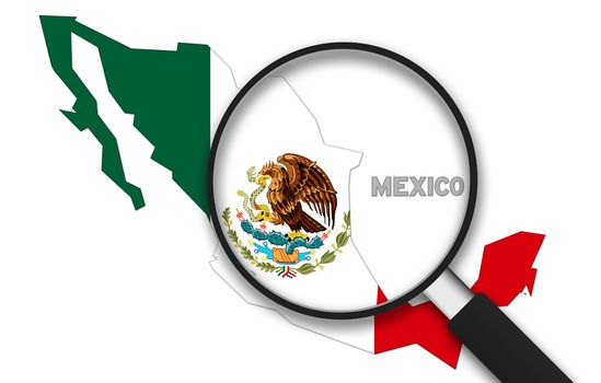 Magnifying Glass with the Mexico country Map on white background.