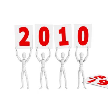 four white lay figures welcome the new year 2010 by holding posters with red numbers