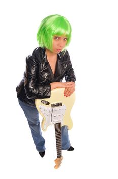 a punk rocker girl in a leather jacket with an electric guitar shot on white