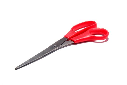 Scissors with red handles on a white background.