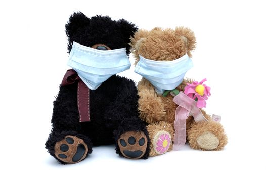 Teddy bear toys wearing surgical masks protect themselves of flu