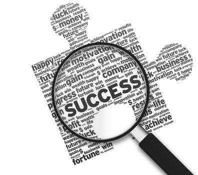 Magnified puzzle piece with the word Success on white background.