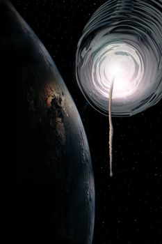a worm hole opens with a space ship returning to the earth and stars at night in the sky of our own universe