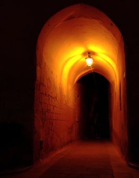 Medieval archway by night, in the old city of Mdina in Malta