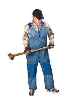 portrait of workman with sledge hammer ove4r white