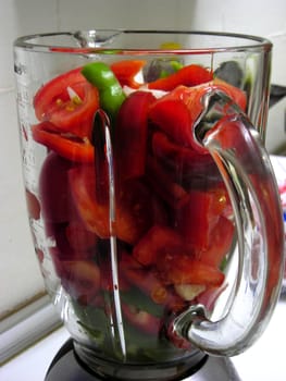 Typical spanish food made from tomatoes, peppers, onion , garlic and olive oil.