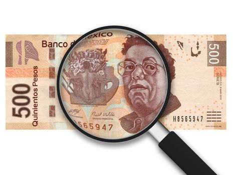 Magnifying Glass with 500 Pesos Note on white background