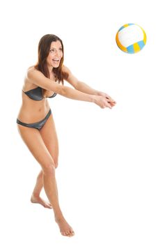 Volleyball player woman in swimwear. Isolated on white