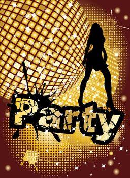 Party background with big disco ball and woman silhouette dancing, illustration