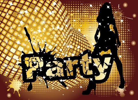 Party background with big disco ball and woman silhouette dancing, illustration