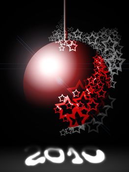 Red Festive Bright Christmas Ball with Lacy Stars over Black Night Background