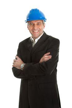 Portrait of successfull architect wearing blue hard hat. Isolated on white