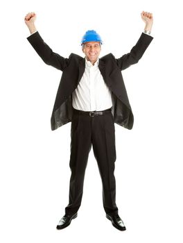 Full length portrait of successfull architect wearing blue hard hat. Isolated on white