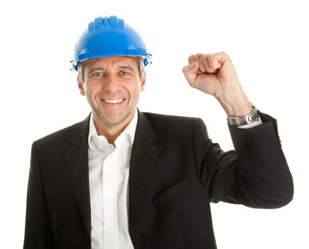 Full length portrait of successfull architect wearing blue hard hat. Isolated on white