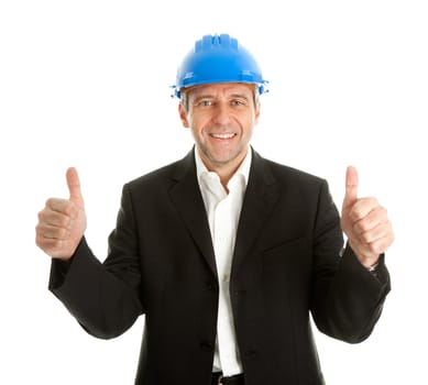 Portrait of successfull architect wearing blue hard hat. Isolated on white