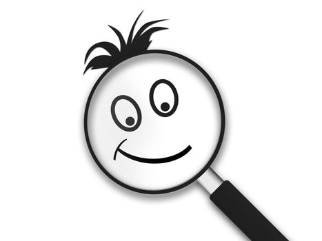 Magnifying Glass with a smiley clipart face on white background.