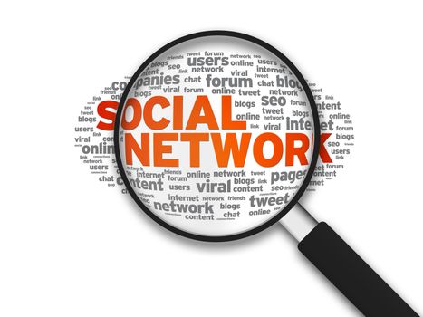 Magnified illustration with the word Social Network on white background.