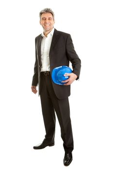 Full length portrait of successfull architect wearing blue hard hat. Isolated on white