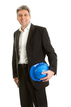 Portrait of successfull architect wearing blue hard hat. Isolated on white