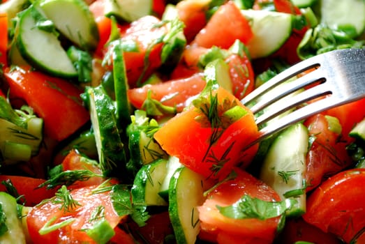 Salad of Tomatoes and Cucumbers with Fork