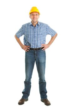 Confident worker wearing hard hat. Isolated on white