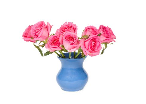  beautiful bouquet colorful pink roses in vase isolated over white 