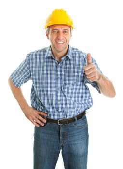 Confident worker wearing hard hat. Isolated on white