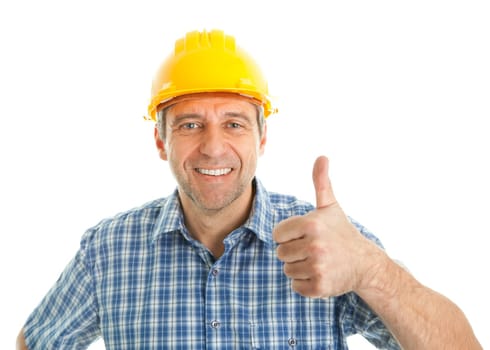 Confident worker wearing hard hat. Isolated on white