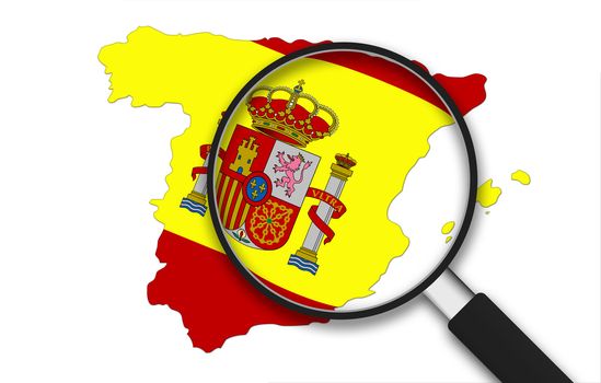 Magnifying Glass with the Spain country Map on white background.