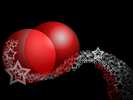 Christmas Fantasy Elegant Abstract Ornament With Two Big Red Balls And Lacy Stars Over Deep Black Background