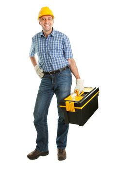 Confident repairman wearing hard hat and holding toolbox. Isolated on white