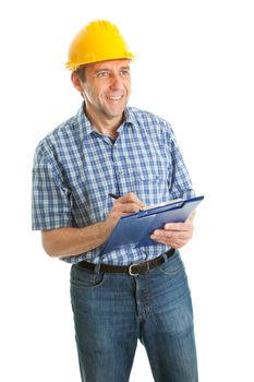 Confident worker wearing hard hat and taking notes. Isolated on white