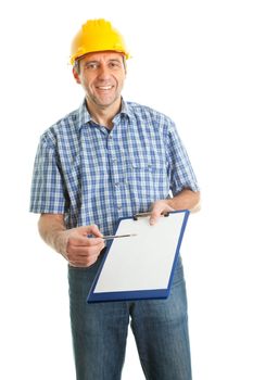 Technician offering to sign papers. Isolated on white