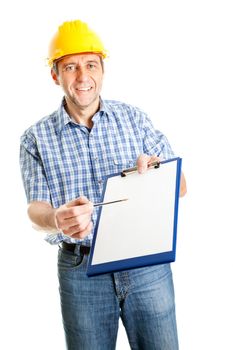 Technician offering to sign papers. Isolated on white