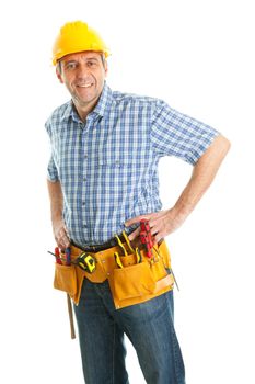 Confident worker wearing hard hat and toolbelt. Isolated on white