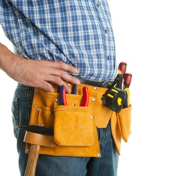 Close-up on worker's toolbelt. Isolated on white