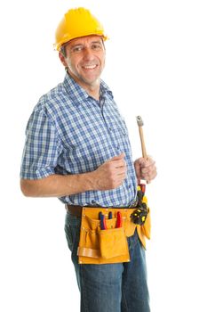 Confident worker wearing hard hat, toolbelt and holding hammer. Isolated on white