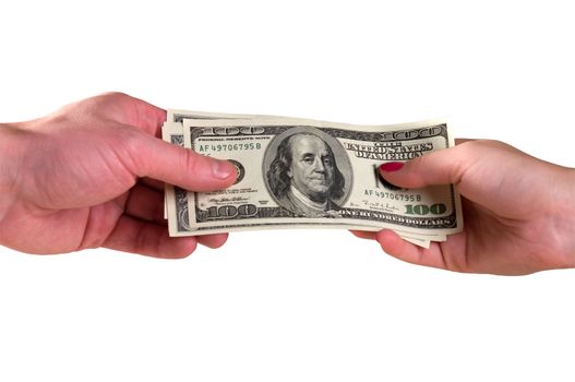 Man's and female hands hold dollars, is isolated a white background.