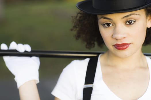 Portrait of Jazz Dancer in Tophat, Gloves and Suspenders