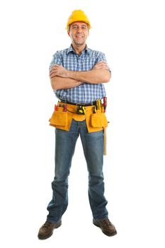 Confident worker wearing hard hat and toolbelt. Isolated on white