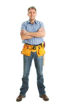 Confident worker wearing toolbelt. Isolated on white