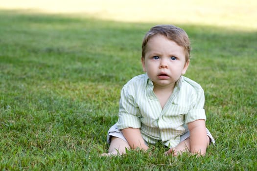 Cute young infant sitting in the grass all alone.
