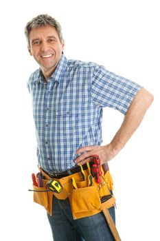 Confident worker wearing toolbelt. Isolated on white